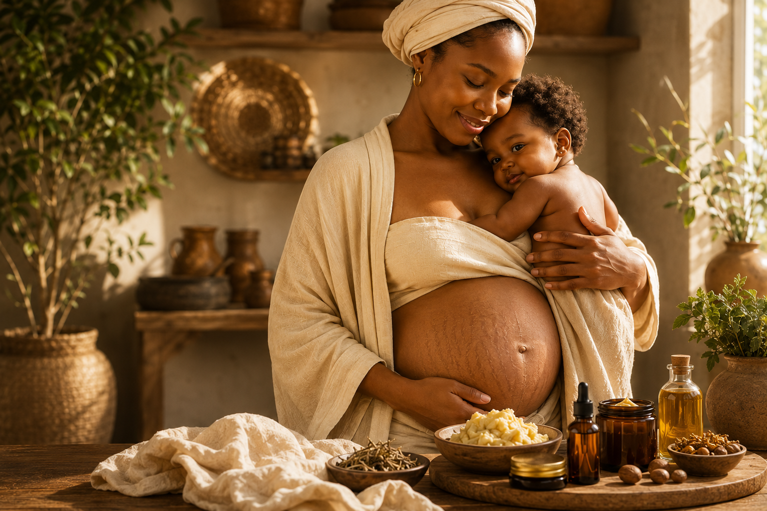 New mother holding her baby, postpartum belly visible, warm kitchen light